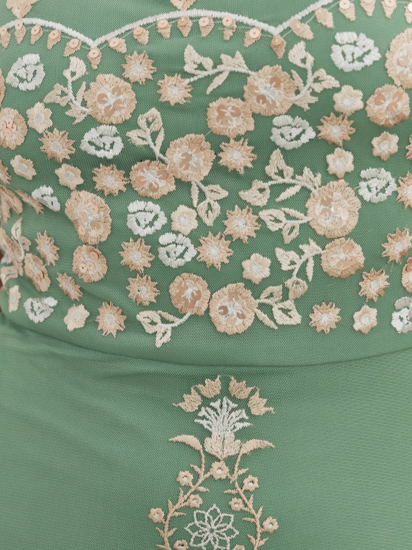 Maya Green Embroidered Square Neck Puff Sleeve Maxi Dress