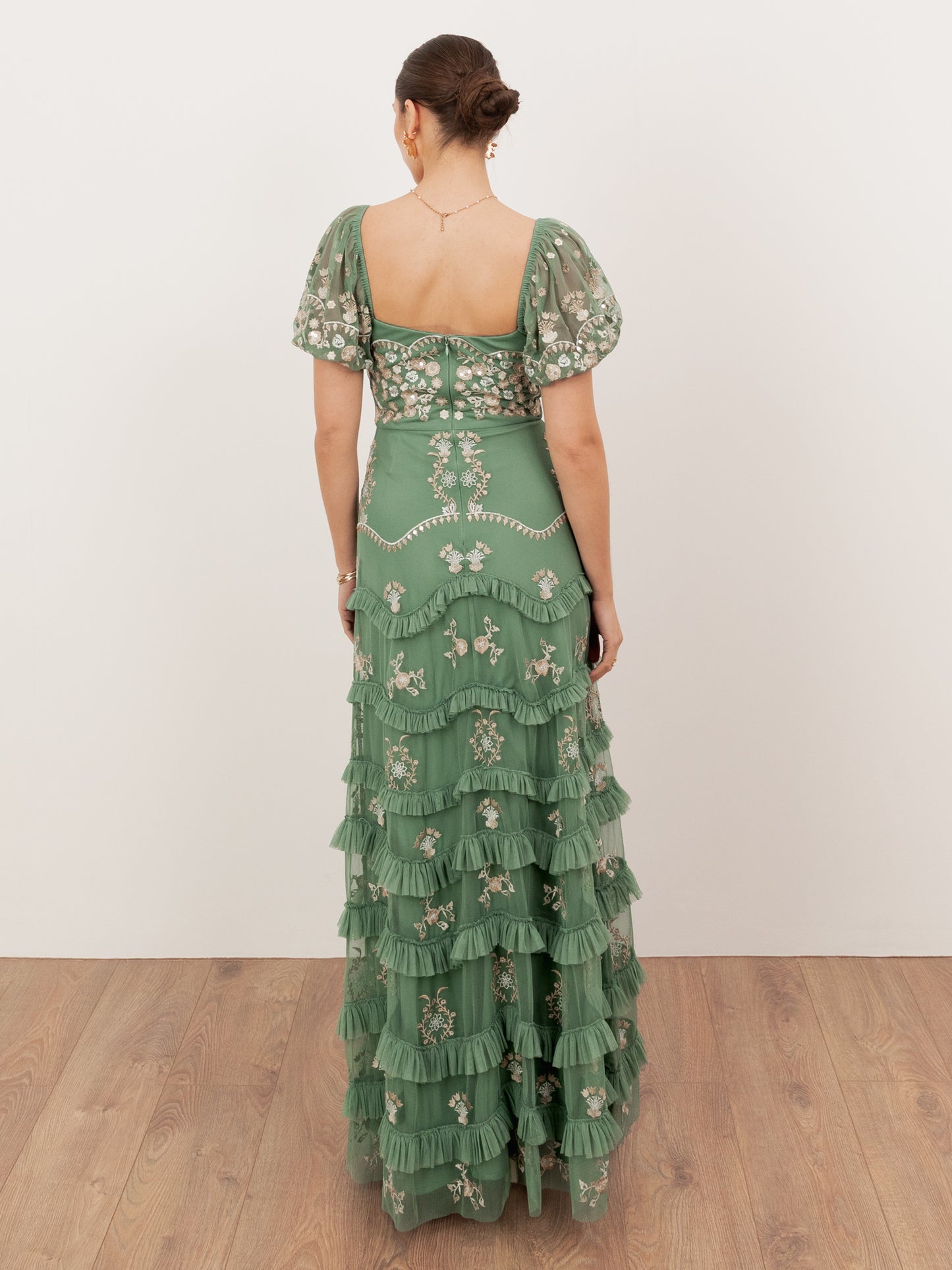 Maya Green Embroidered Square Neck Puff Sleeve Maxi Dress