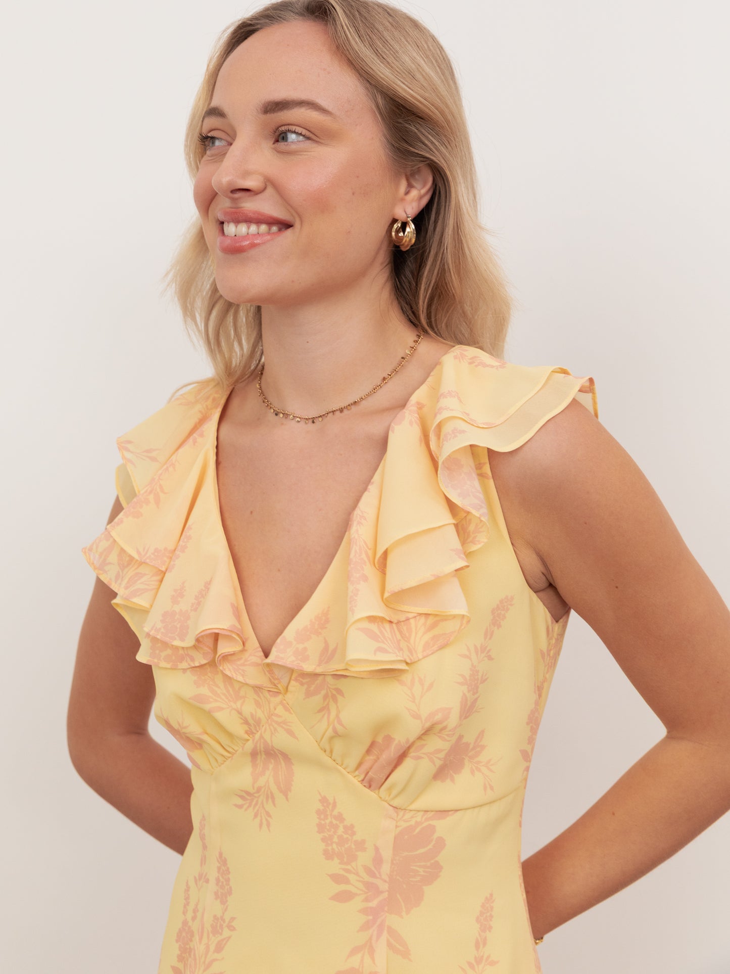 Anaya With Love Recycled Yellow Floral V Neck Ruffle Maxi Dress