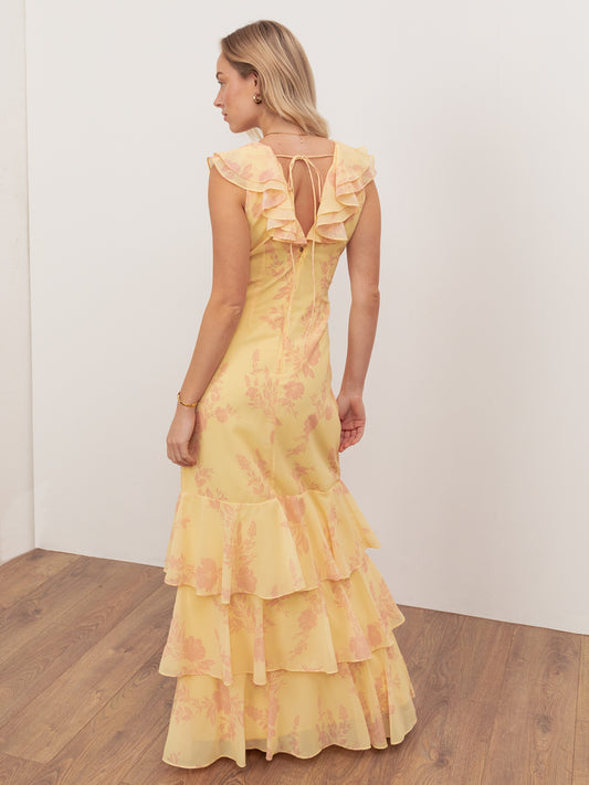 Anaya With Love Recycled Yellow Floral V Neck Ruffle Maxi Dress
