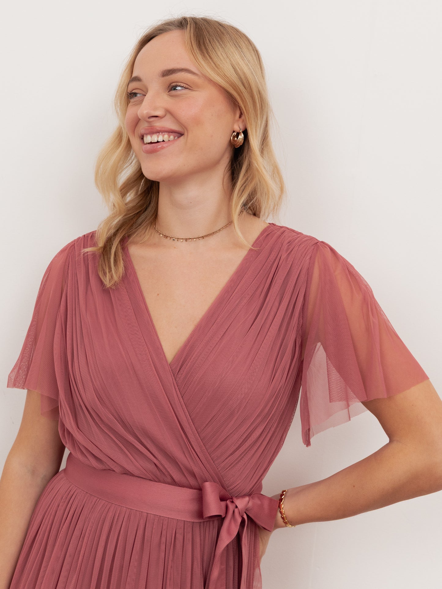 Anaya With Love Recycled Faded Rose Tulle Faux Wrap Short Sleeve Maxi Dress