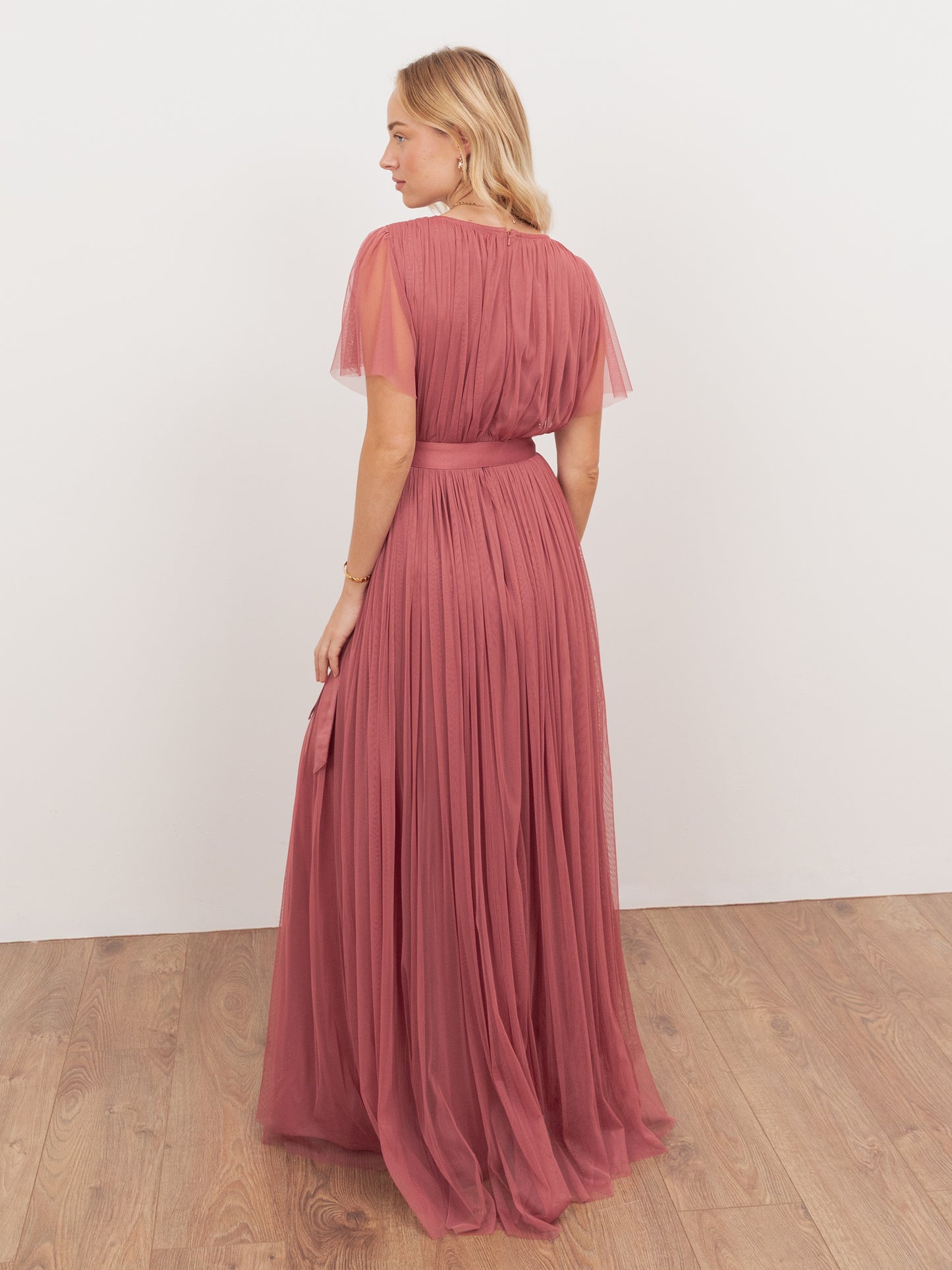 Anaya With Love Recycled Faded Rose Tulle Faux Wrap Short Sleeve Maxi Dress