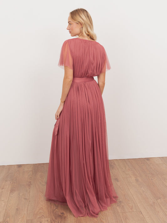 Anaya With Love Recycled Faded Rose Tulle Faux Wrap Short Sleeve Maxi Dress
