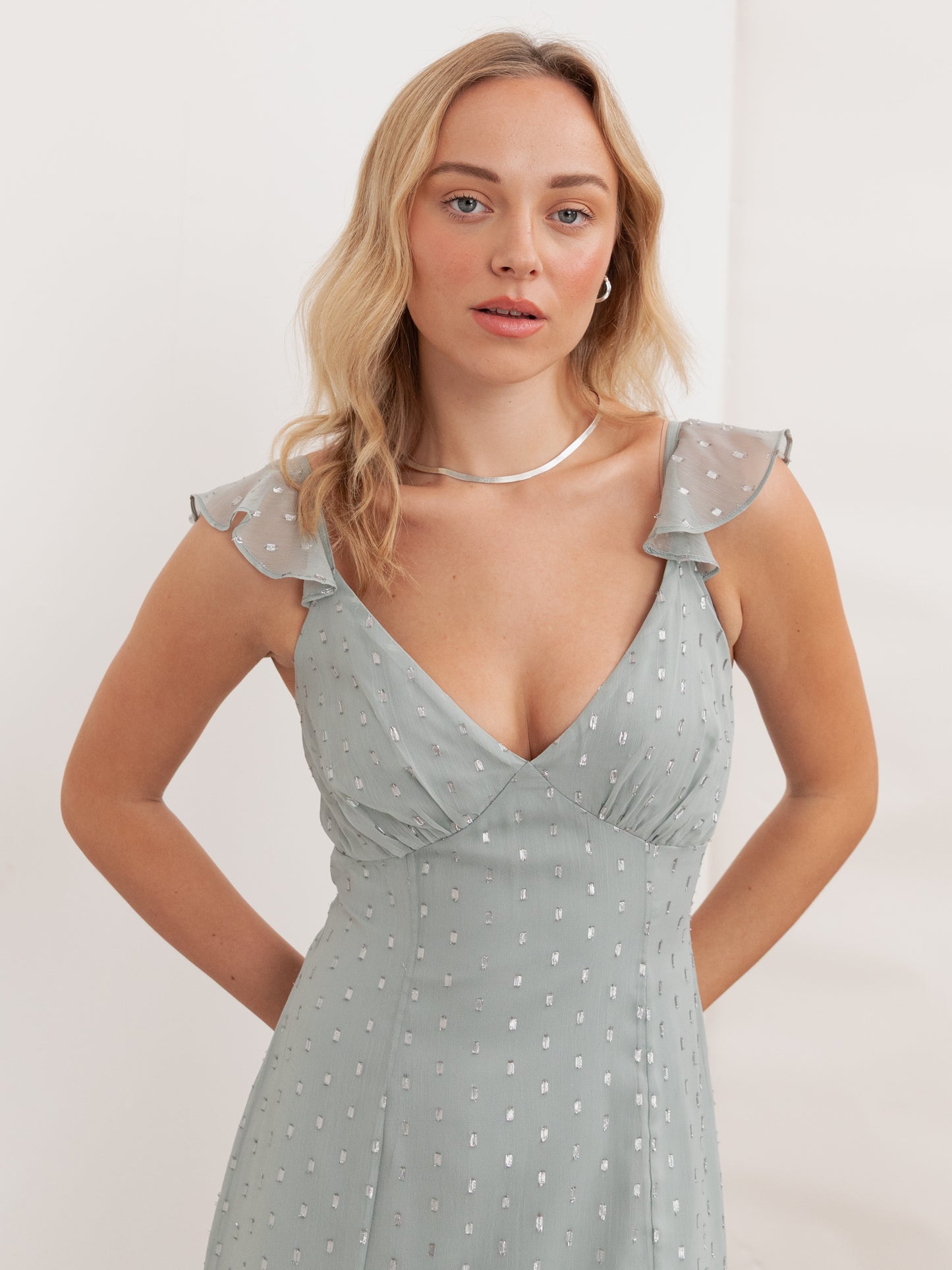 Anaya With Love Recycled Cloud Blue Strappy V Neck Maxi Dress with Skirt Split & Ruffle Detail