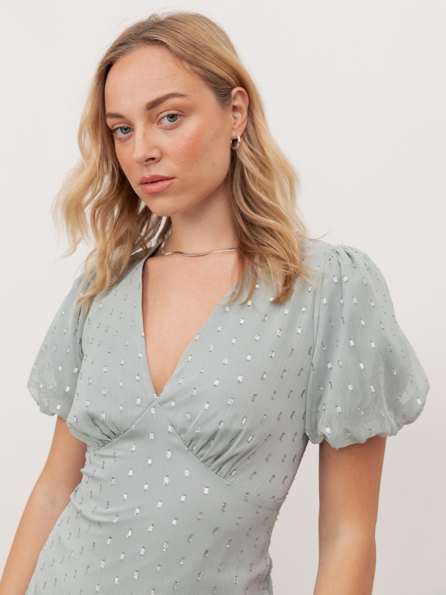 Anaya With Love Recycled Cloud Blue Short Sleeve V Neck Ruffle Maxi Dress