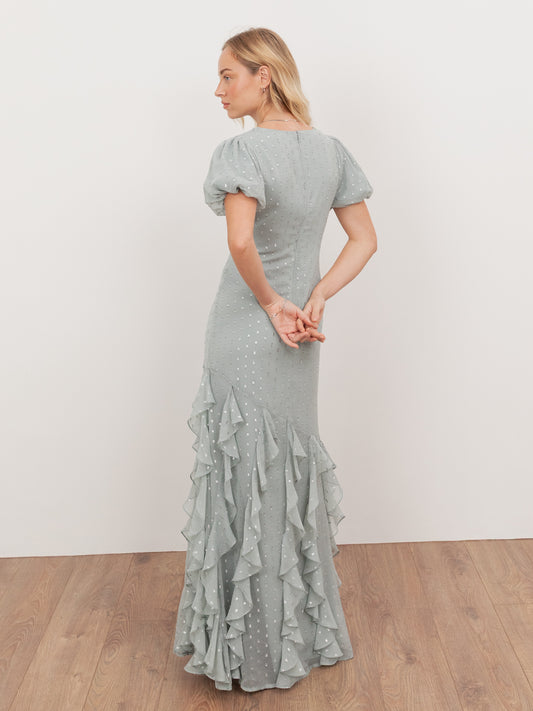 Anaya With Love Recycled Cloud Blue Short Sleeve V Neck Ruffle Maxi Dress