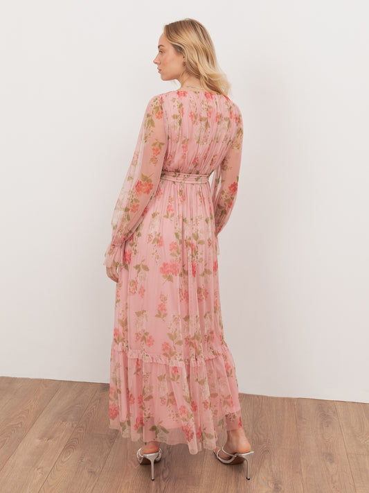 Anaya With Love Recycled Pink Floral Print Faux Wrap Maxi Sleeve Midaxi Dress