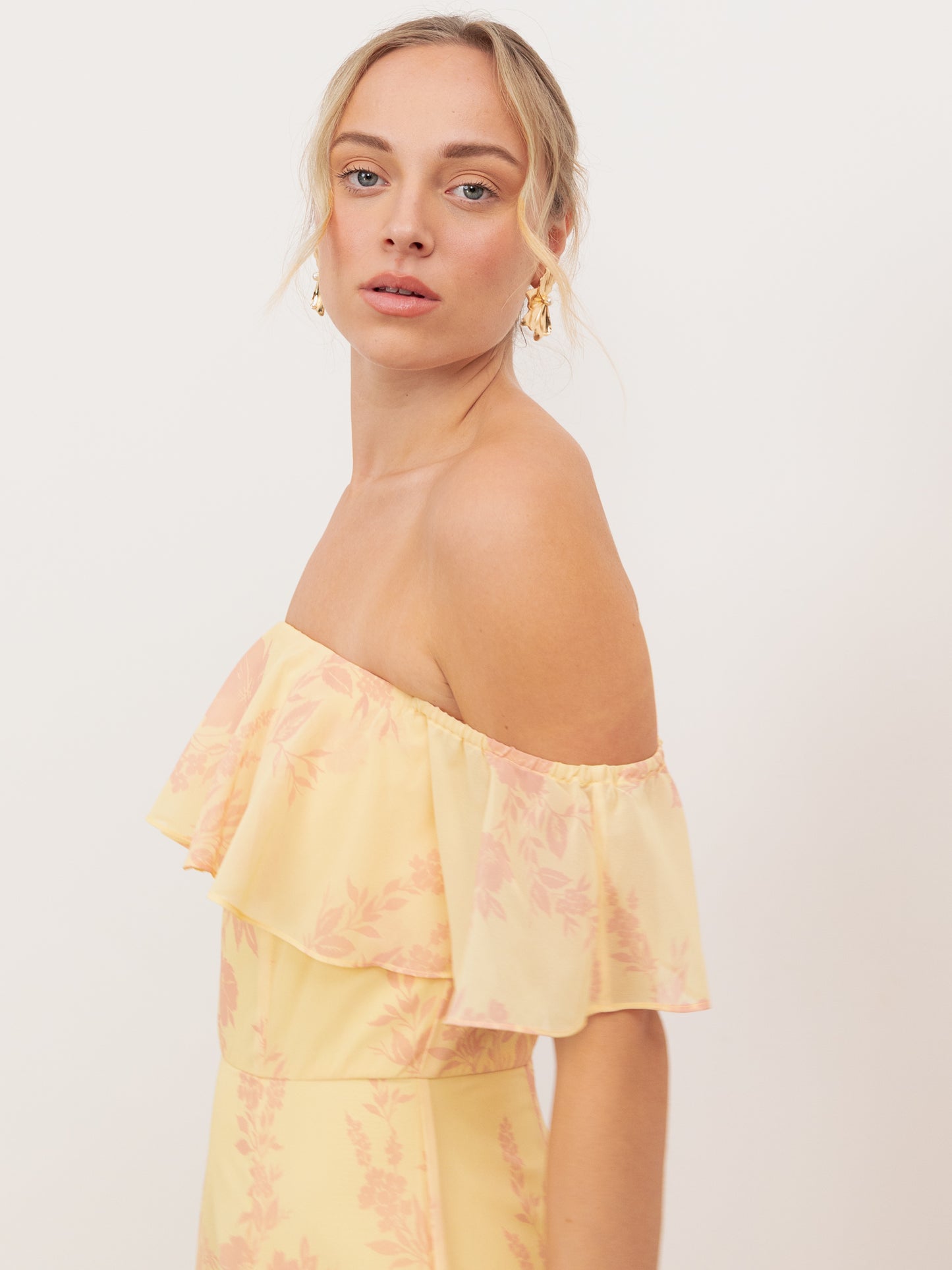 Anaya With Love Recycled Yellow Floral Print Bardot Maxi Dress