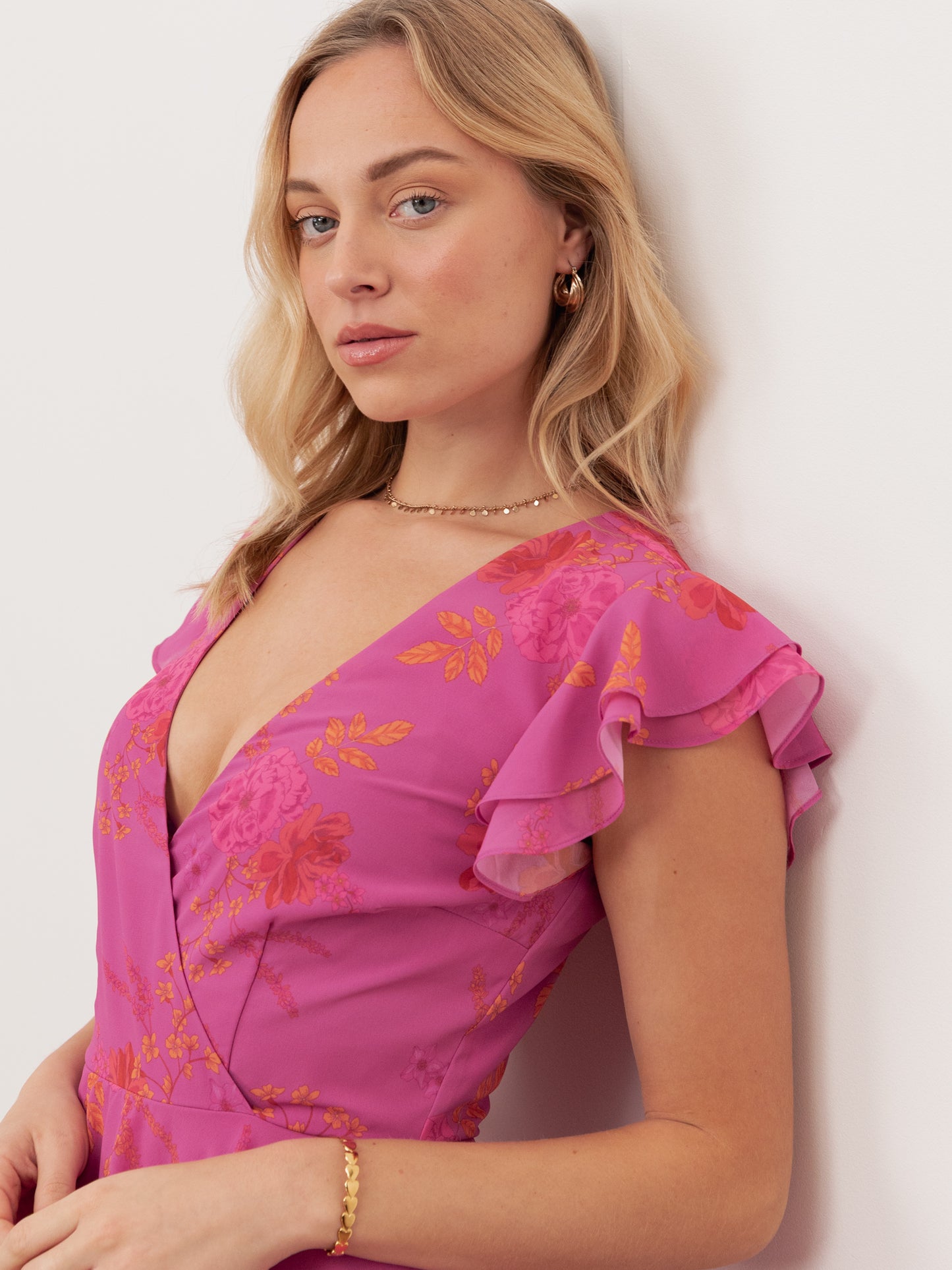 Anaya With Love Recycled Hot Pink Floral Print Faux Wrap Tiered Maxi Dress