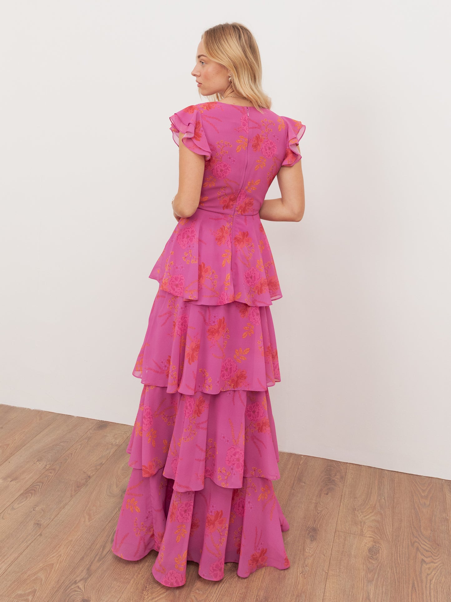 Anaya With Love Recycled Hot Pink Floral Print Faux Wrap Tiered Maxi Dress