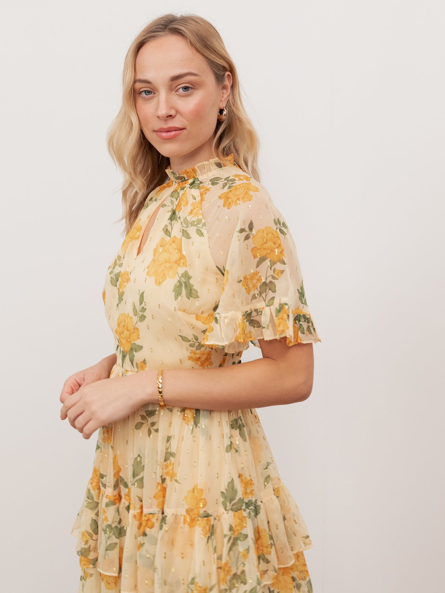 Anaya With Love Recycled Yellow Floral Print Short Sleeve Tiered Midaxi Dress