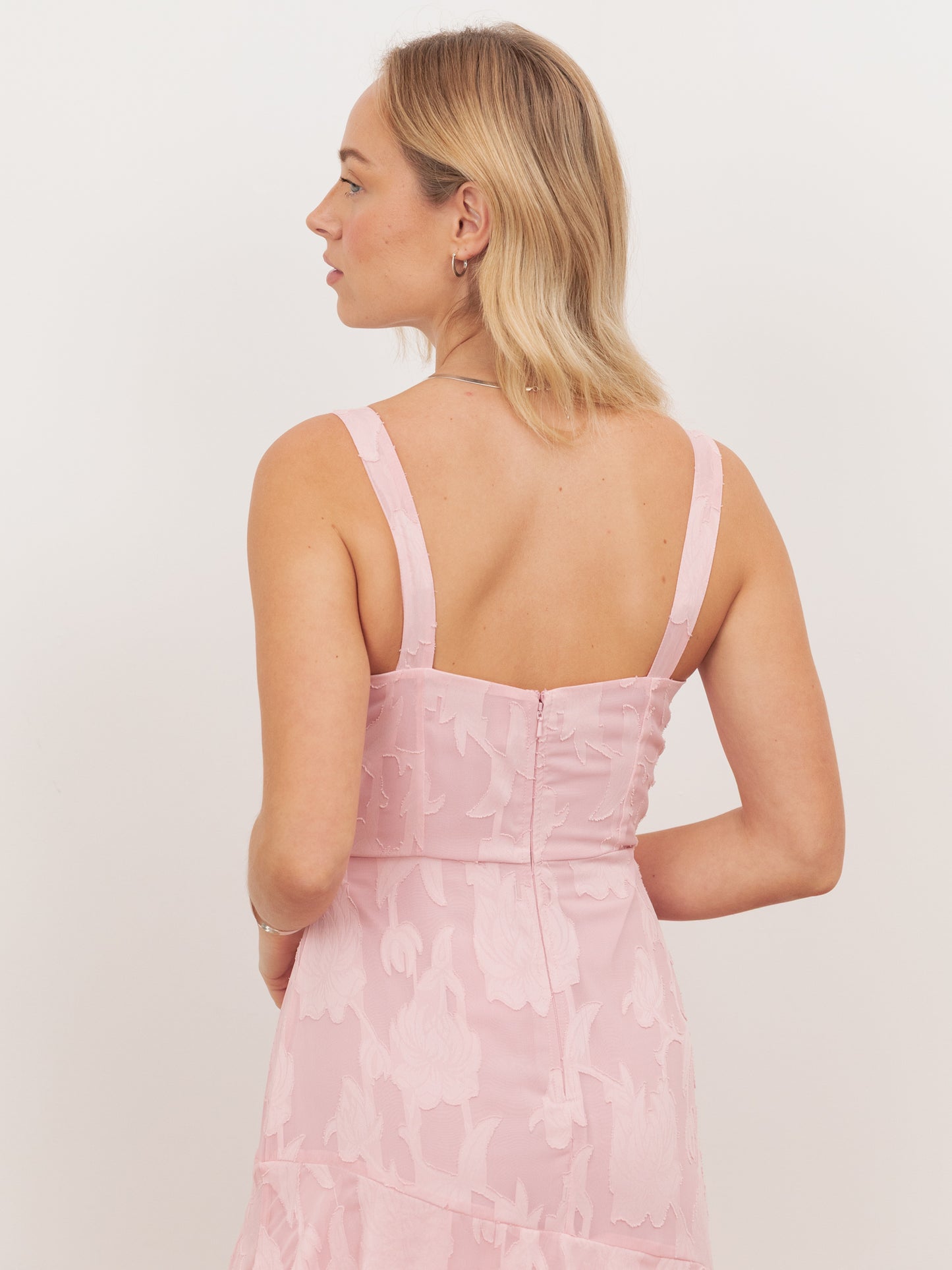 Anaya With Love Recycled Peony Pink Floral Burnout Strappy Asymmetric Ruffle Maxi Dress