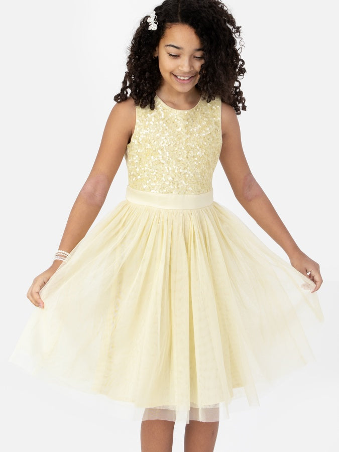 Mini Maya Pale Yellow Delicate Sequin Midi Dress With Bow