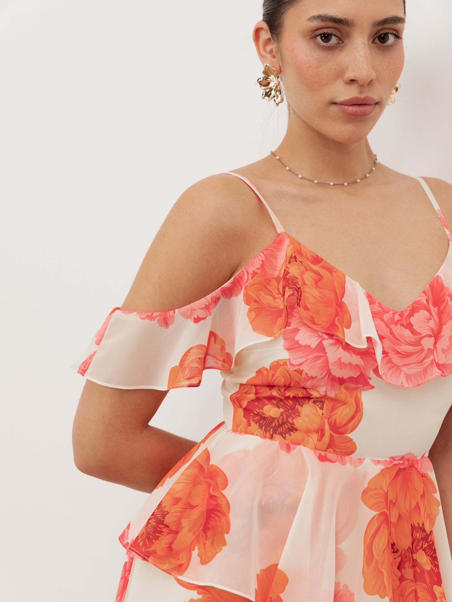 Anaya With Love Recycled Floral Cold Shoulder Tiered Maxi Dress