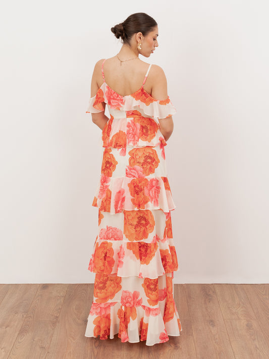 Anaya With Love Recycled Floral Cold Shoulder Tiered Maxi Dress
