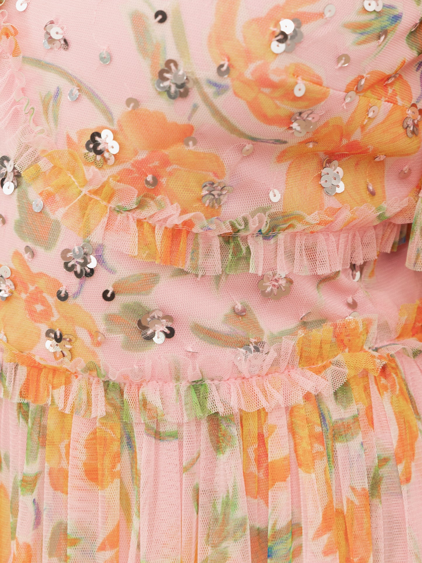 Anaya With Love Recycled Pink Floral & Sequin V Neck Frill Maxi Dress