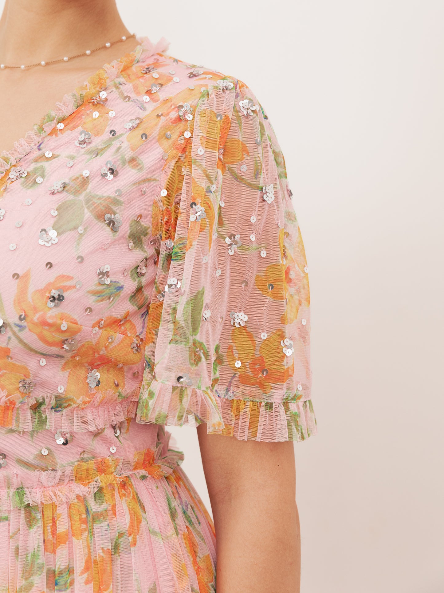 Anaya With Love Recycled Pink Floral & Sequin V Neck Frill Maxi Dress