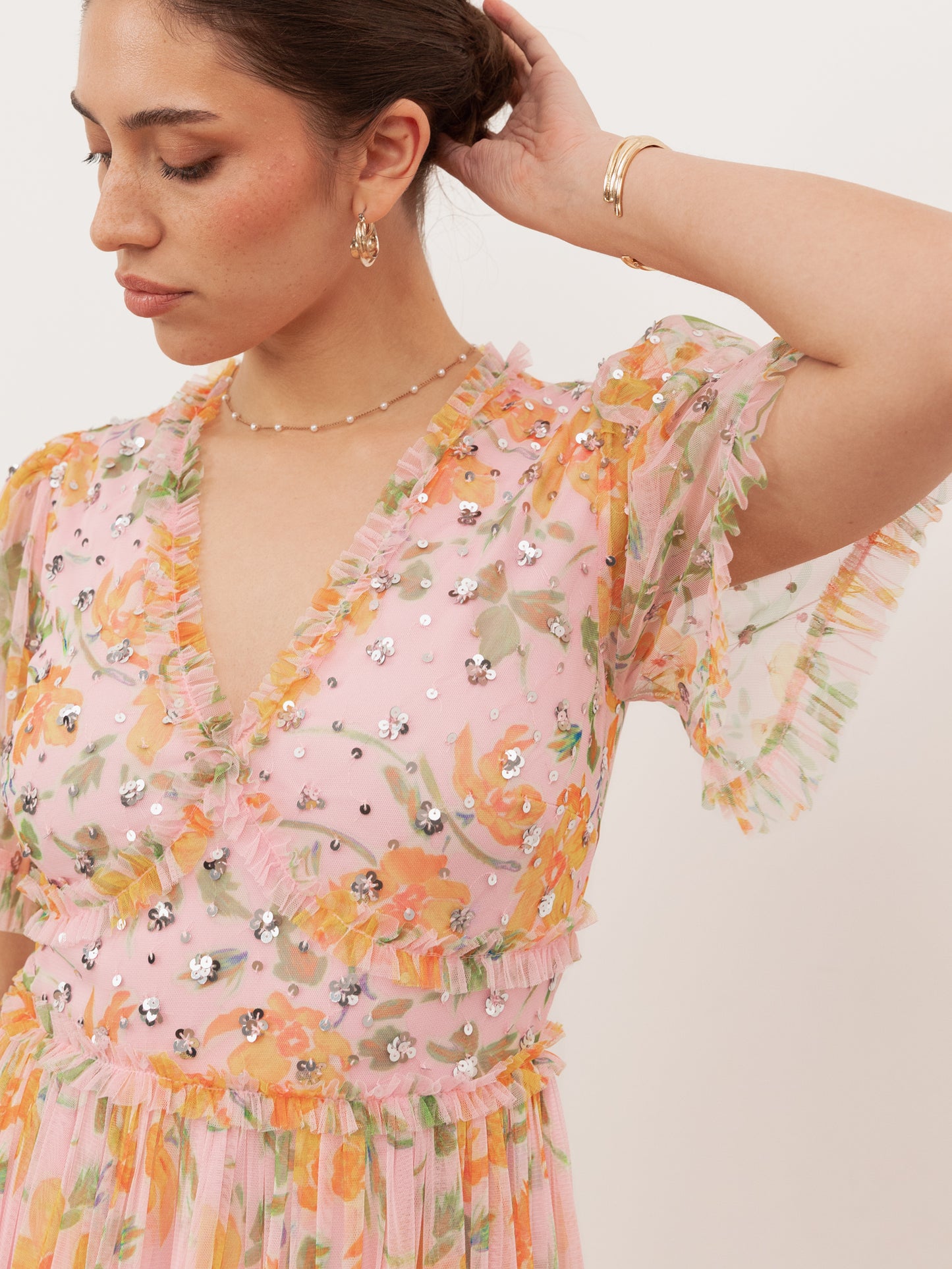 Anaya With Love Recycled Pink Floral & Sequin V Neck Frill Maxi Dress