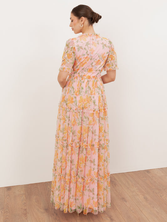 Anaya With Love Recycled Pink Floral & Sequin V Neck Frill Maxi Dress