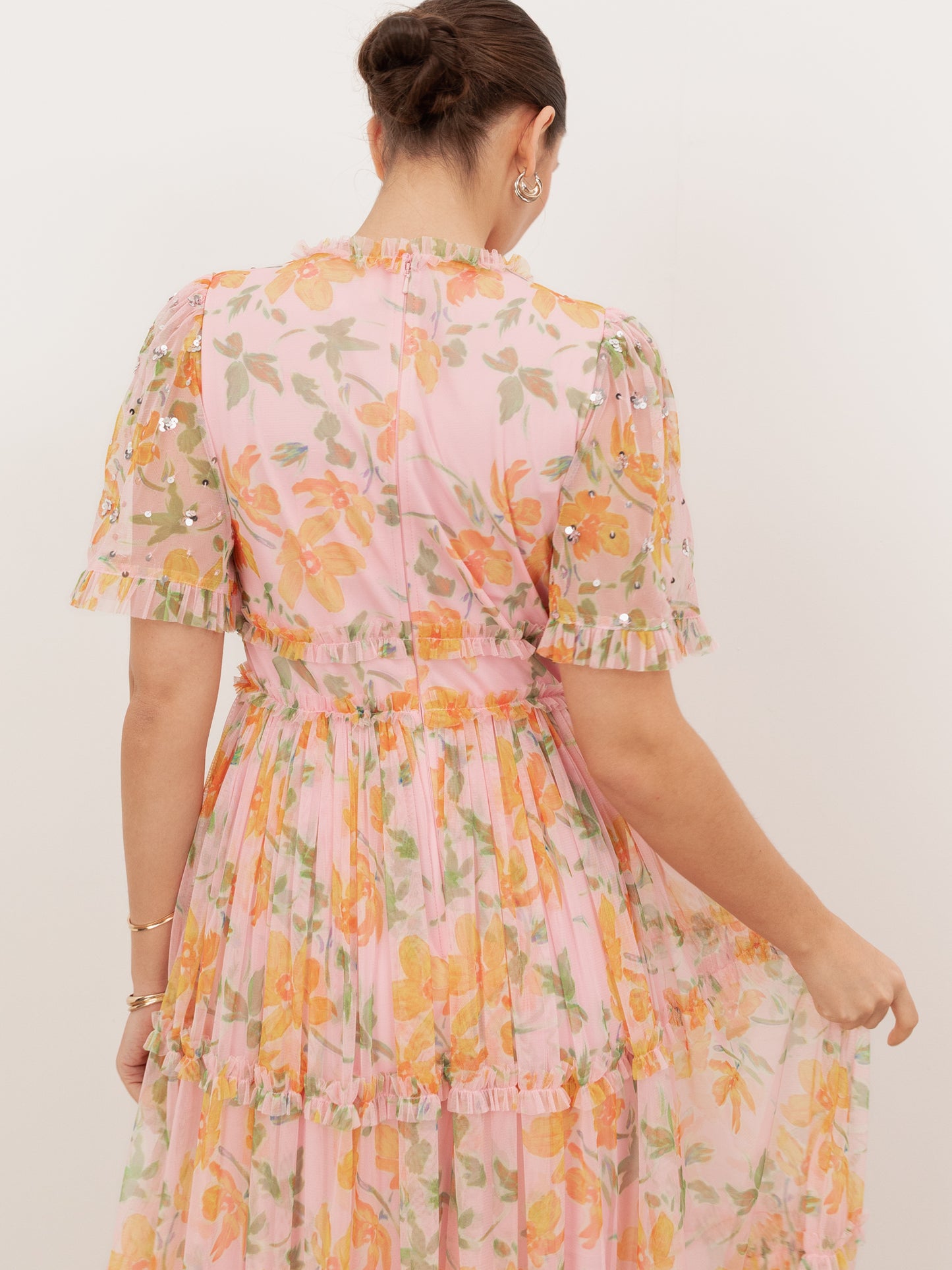 Anaya With Love Recycled Pink Floral & Sequin V Neck Frill Maxi Dress