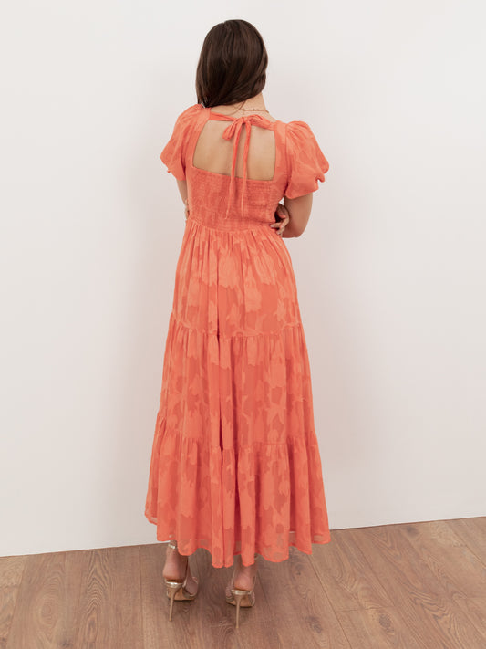 Anaya With Love Recycled Coral Floral Burnout Sweetheart Neck Puff Sleeve Midaxi Dress