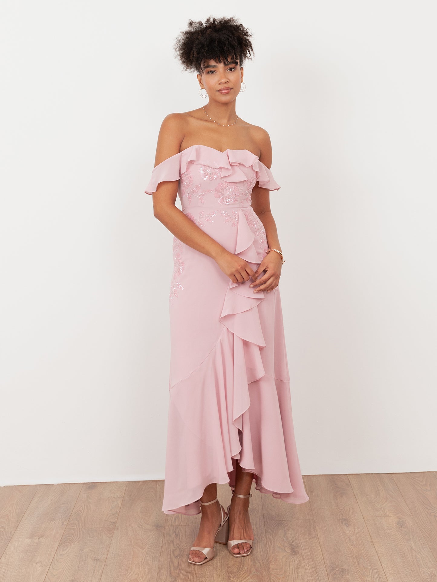 Maya Soft Pink Embellished Faux Wrap Bardot Midaxi Dress