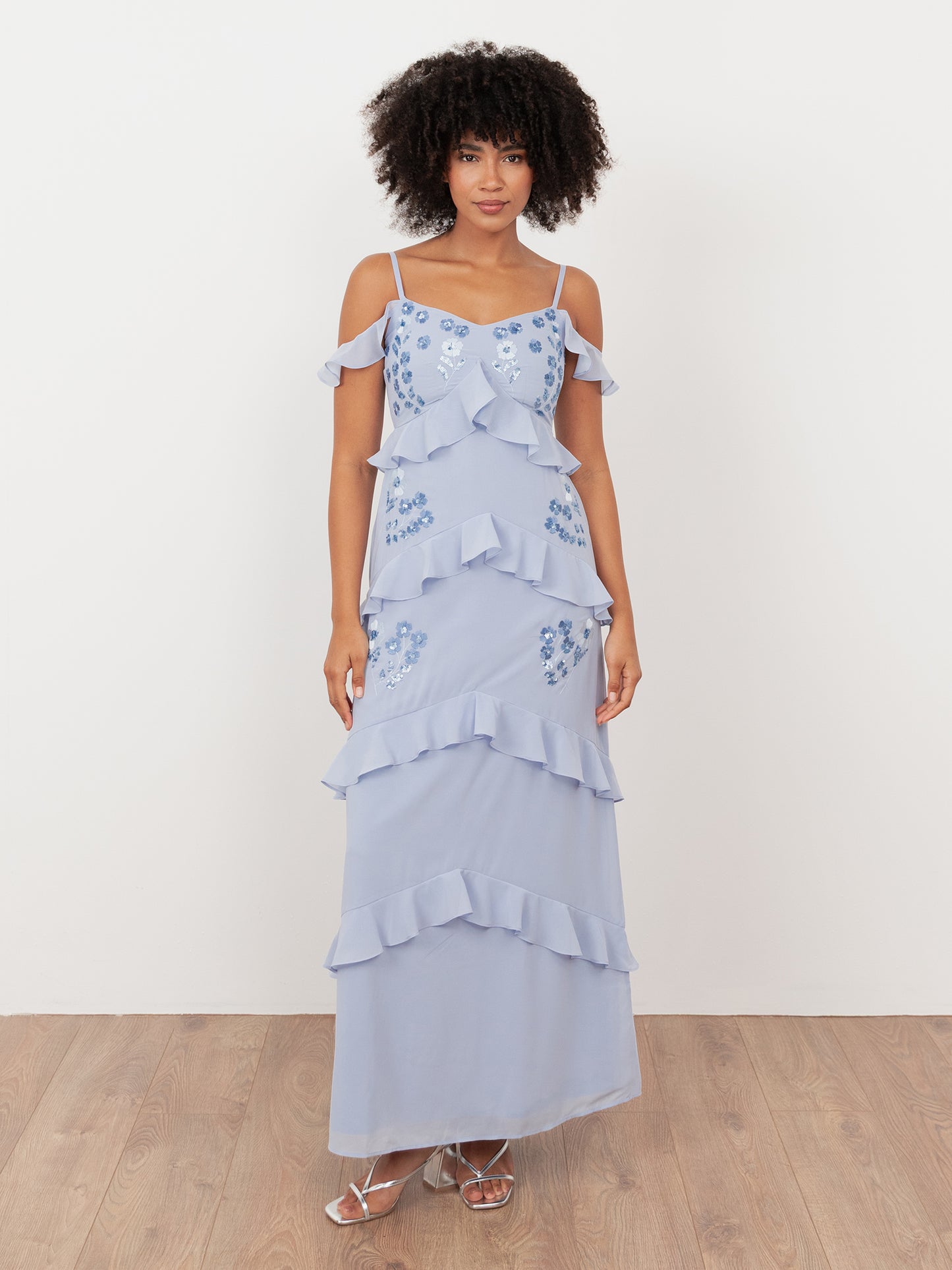 Maya Pastel Blue Floral Embroidered Cold Shoulder Maxi Dress