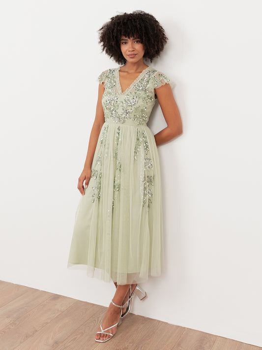 Maya Sage Green Floral Embellished Short Sleeve V Neck Maxi Dress with Maya Deluxe Maya Sage Green Floral Embellished Short Sleeve V Neck Maxi Dress with Maya Deluxe