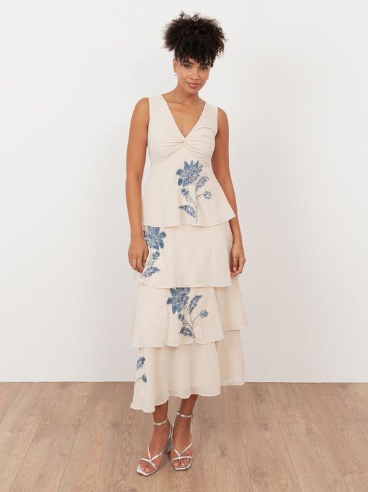 Maya Twist Front Embellished Tiered Midaxi Dress