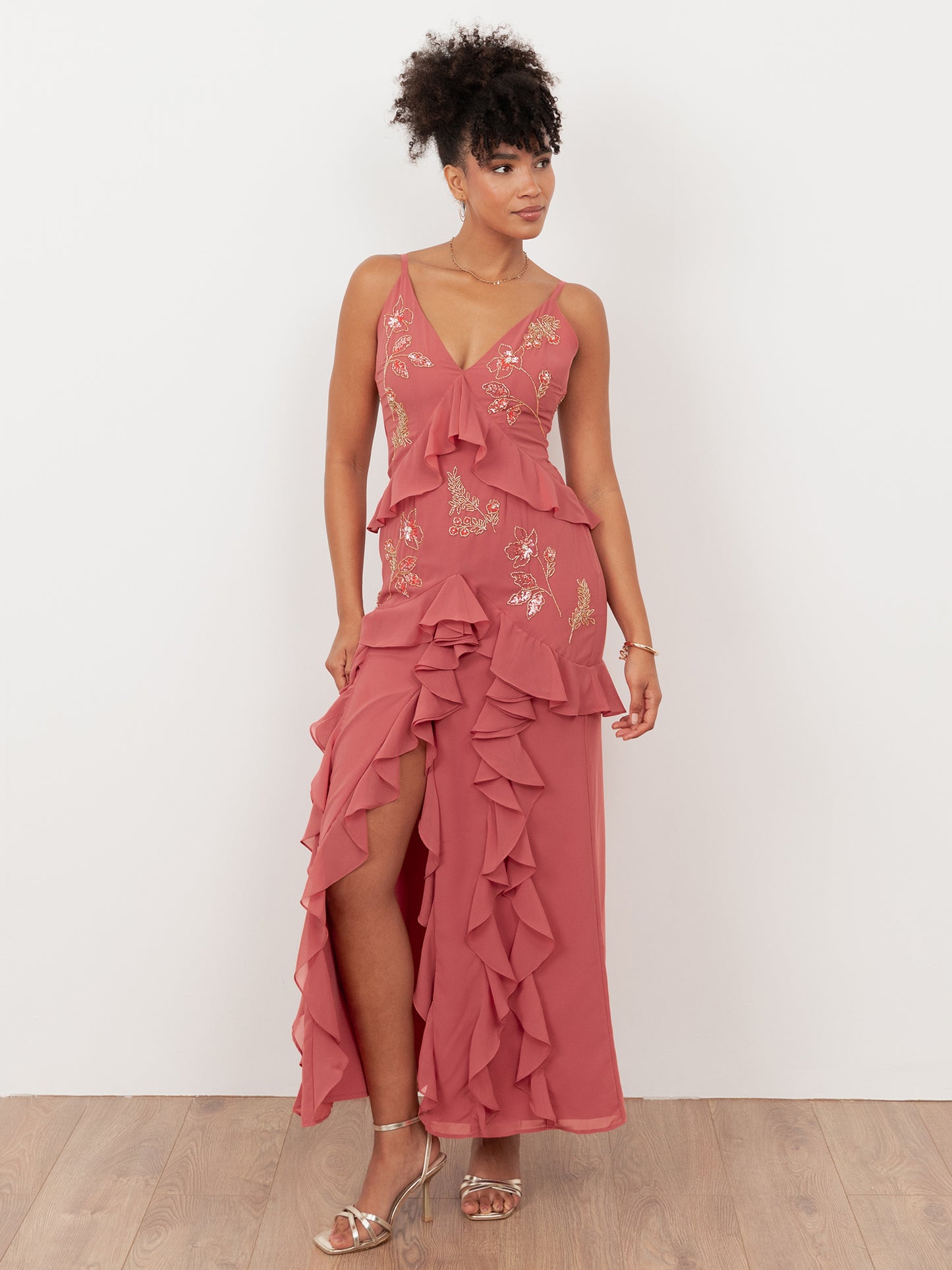 Maya Pink Embellished Cami Maxi Dress with Waterfall Ruffle