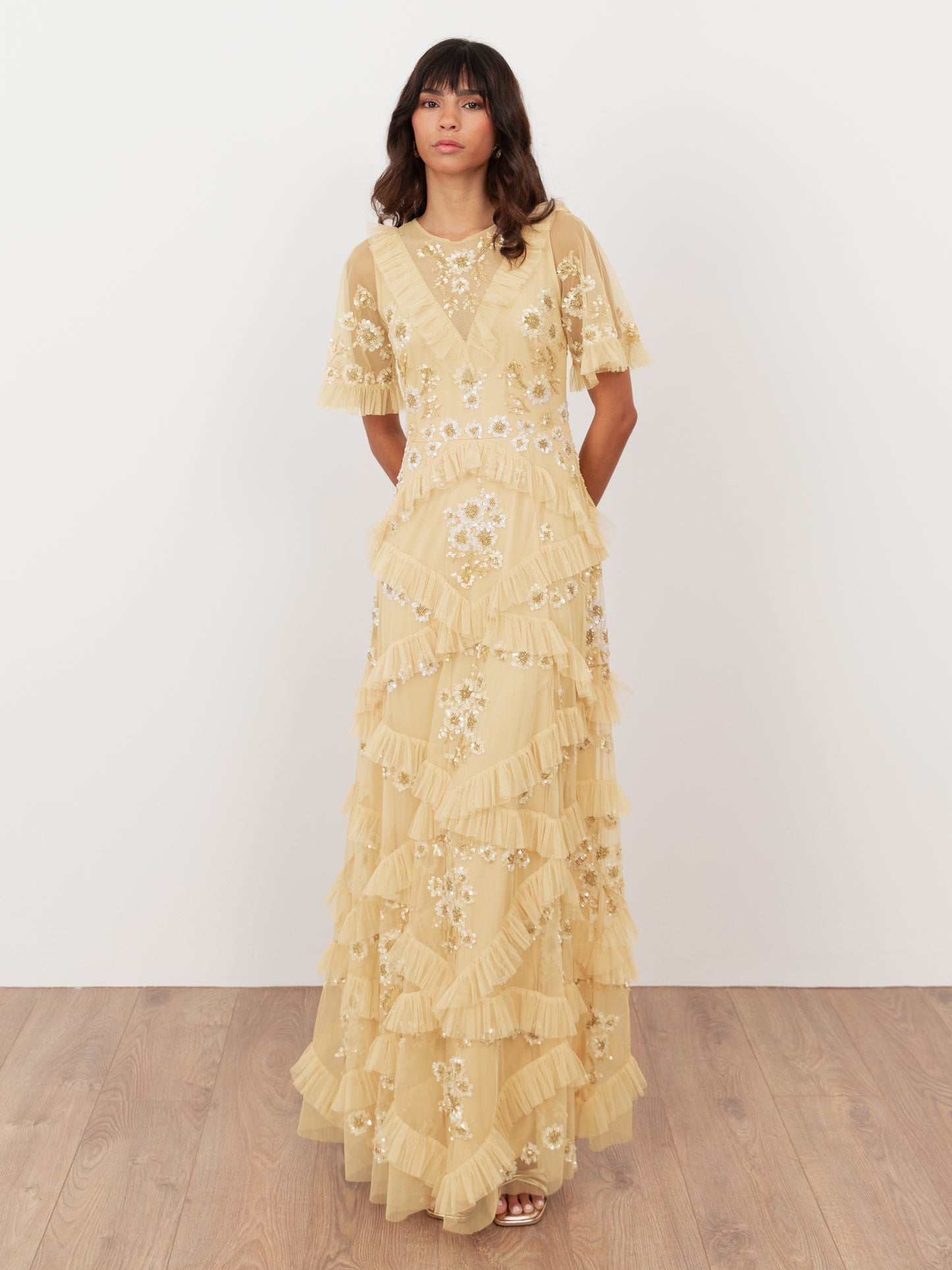 Maya Buttercream Embellished Angel Sleeve Ruffled Maxi Dress