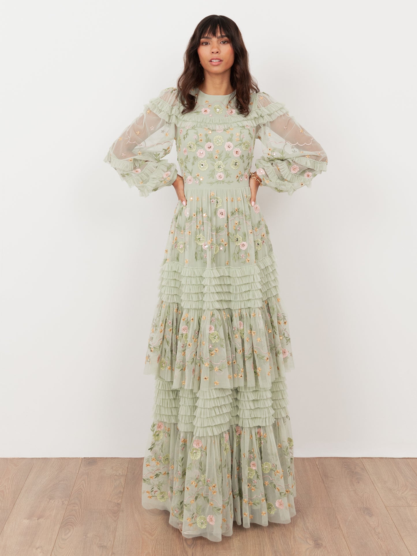 Maya Meadow Green Floral Embroidered Maxi Sleeve Maxi Dress with Frill & Sequin Detail