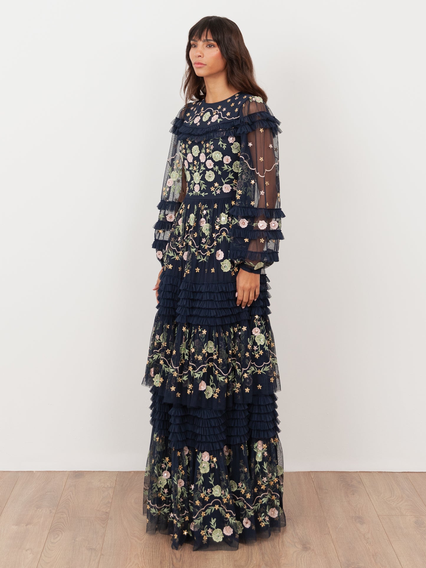 Maya Navy Floral Embroidered Maxi Sleeve Maxi Dress with Frill & Sequin Detail