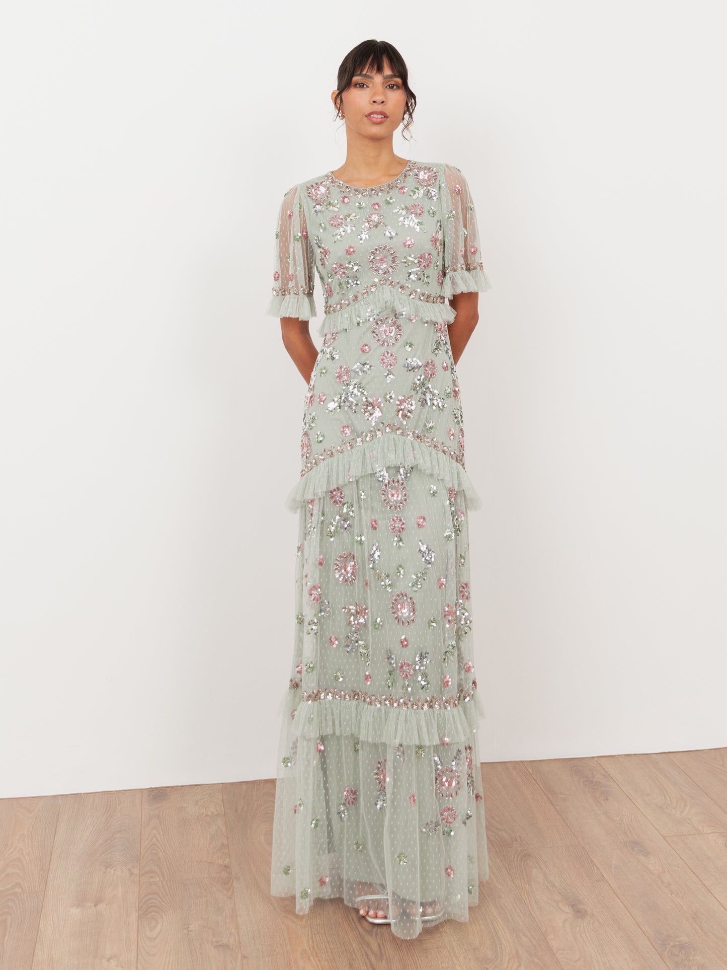 Maya Sage Green Embellished Short Sleeve Spot Mesh Maxi Dress