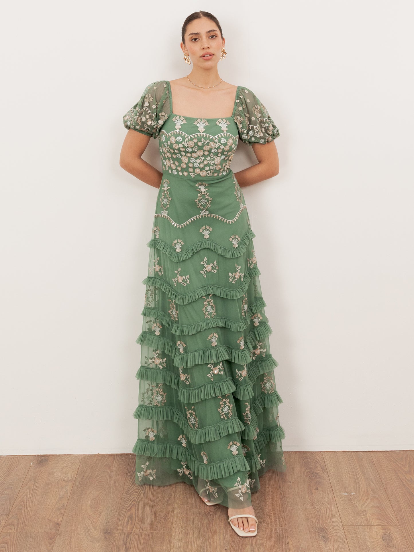 Maya Green Embroidered Square Neck Puff Sleeve Maxi Dress