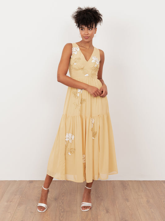 Maya Buttercream Floral Embellished V Neck Midaxi Dress with Split