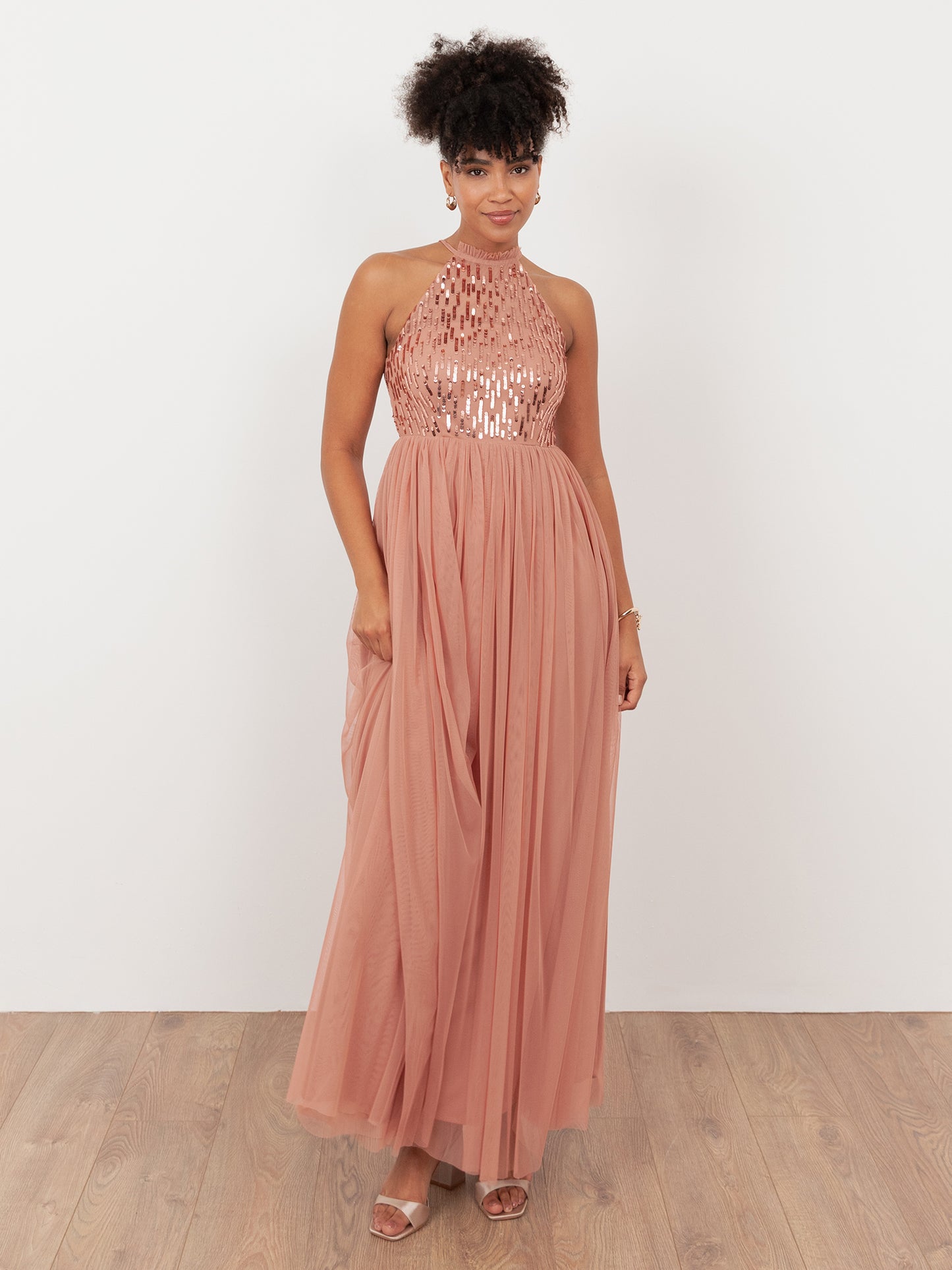 Maya Terracotta Pink Linear Embellished Halter Neck Maxi Dress
