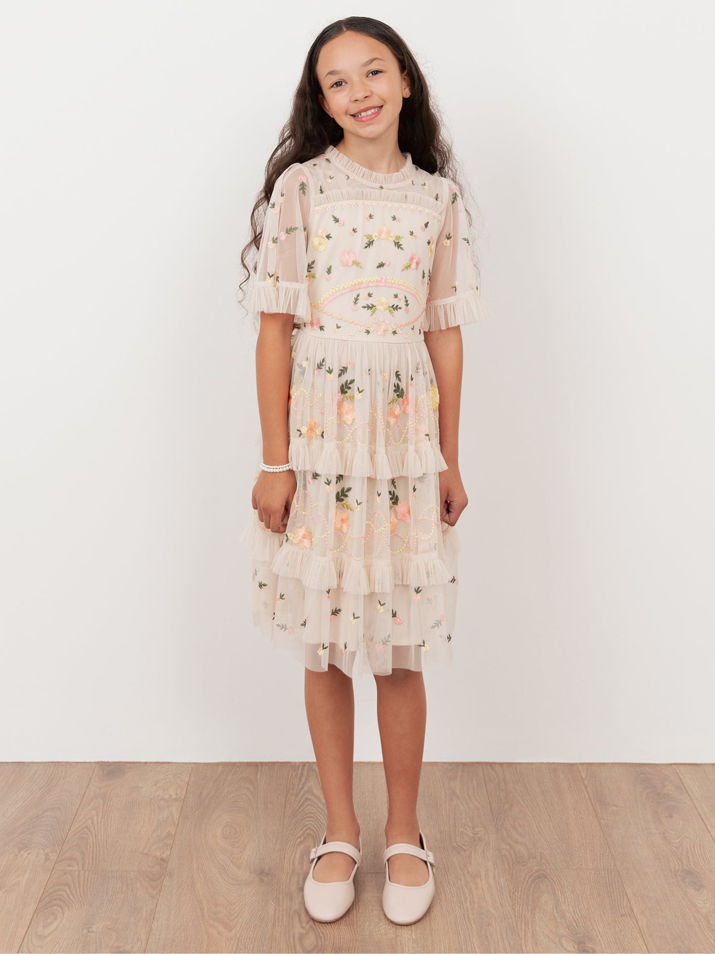 Mini Maya Embroidered Short Sleeve High Neck Midi Dress