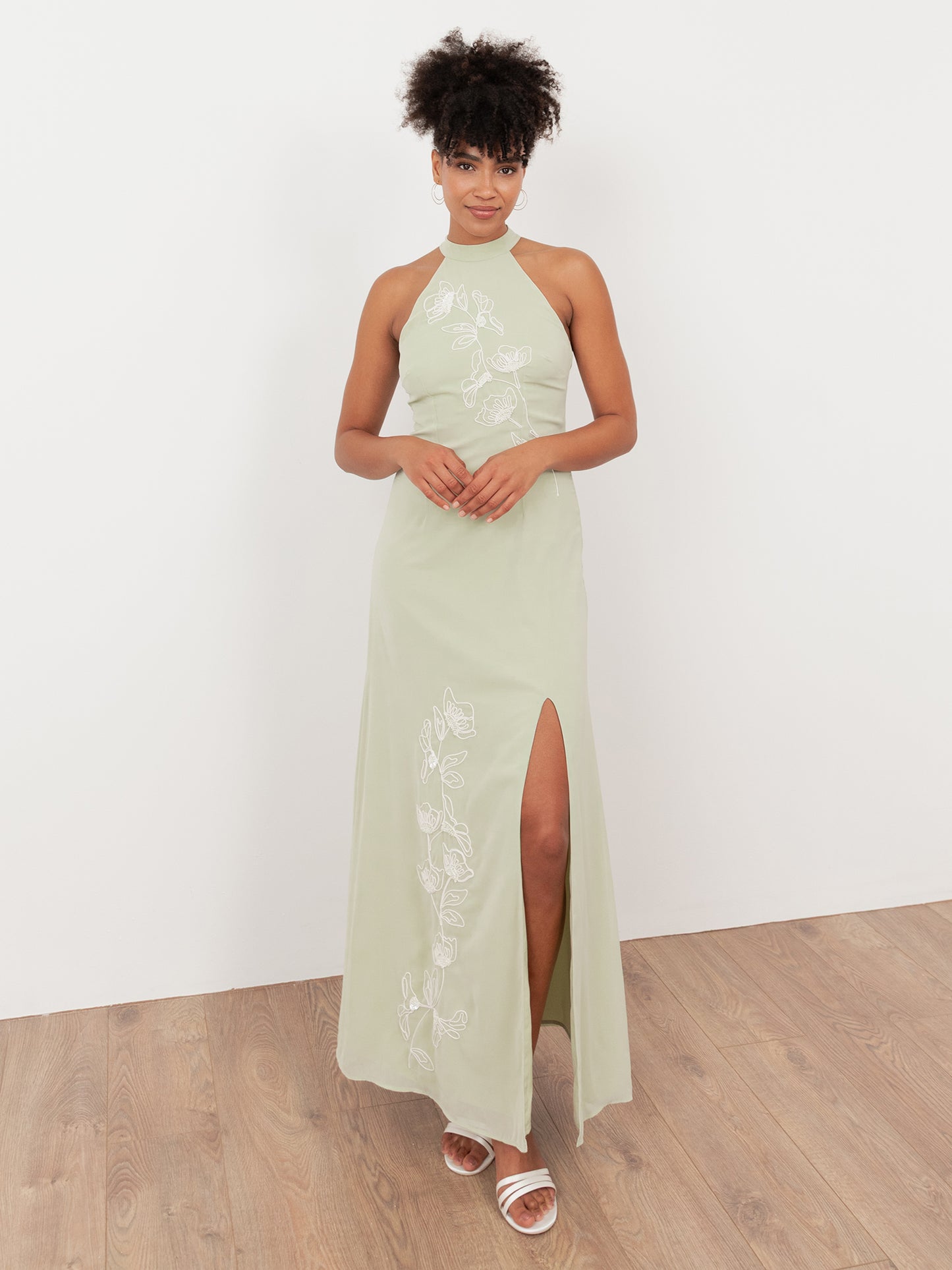 Maya Meadow Green Embroidered Halter Neck & Keyhole Back Maxi Dress