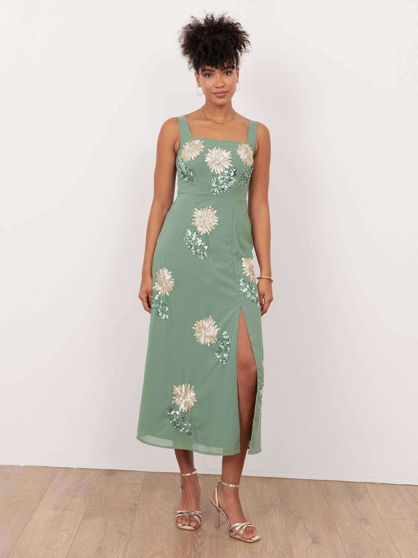 Maya Dark Sage Green Floral Embellished Square Neck Midaxi Dress with Split