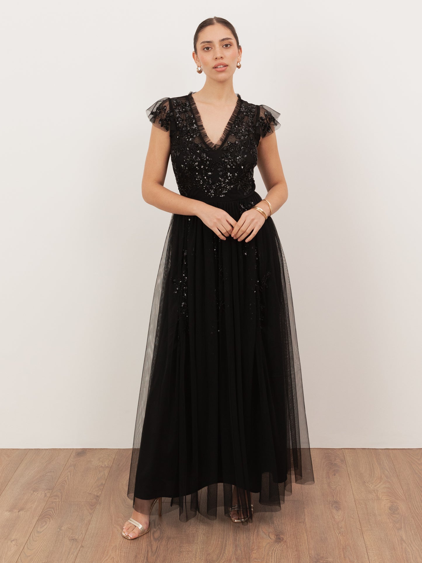 Maya Black Embellished Tulle Maxi Dress with Open Back