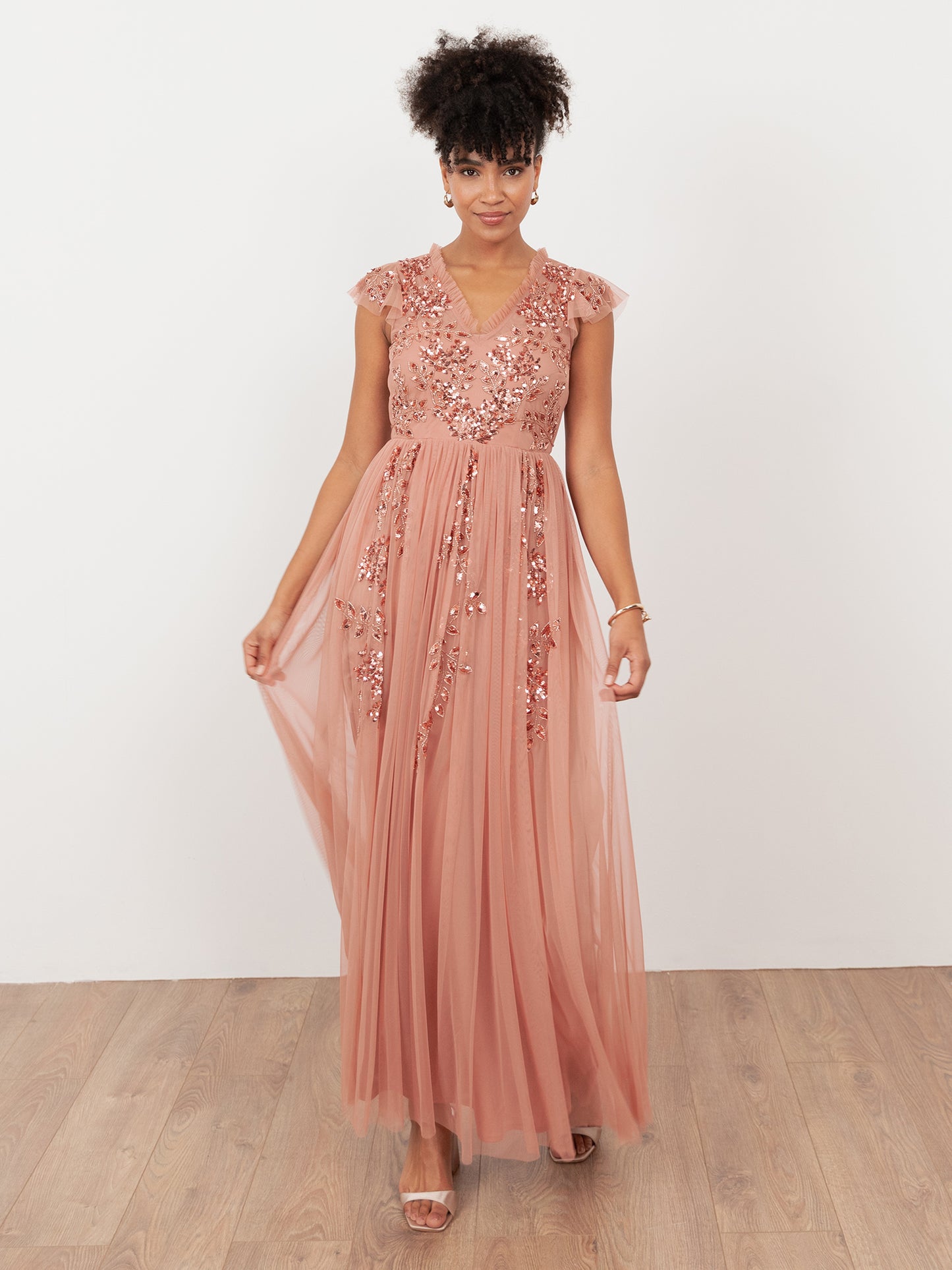 Maya Terracotta Pink Embellished Tulle Maxi Dress with Open Back