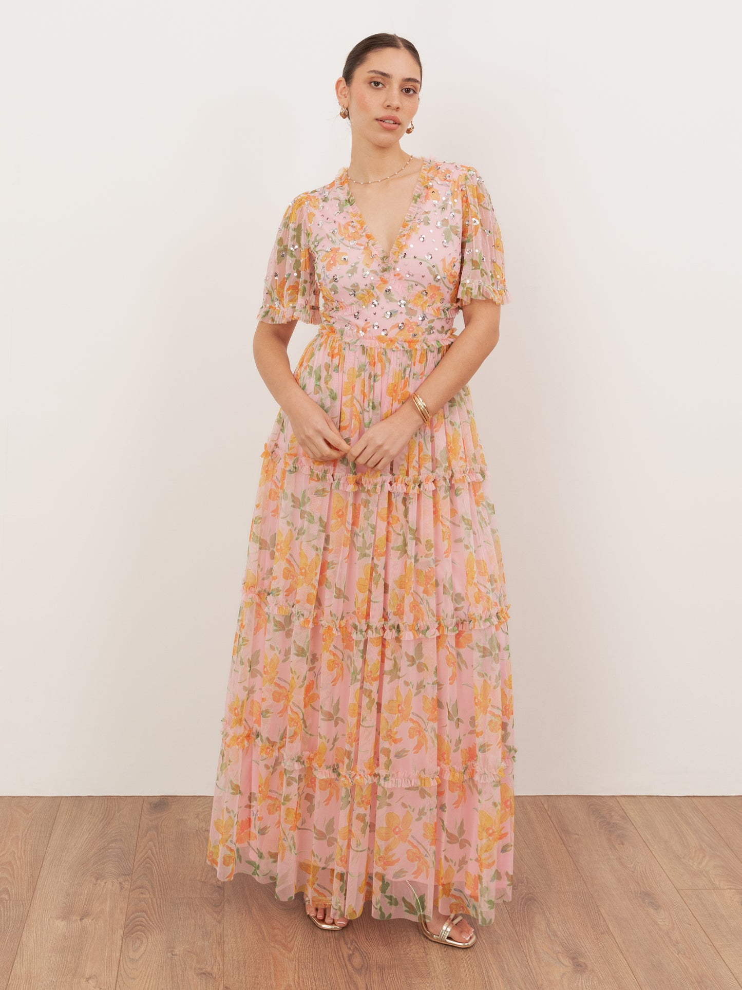 Anaya With Love Recycled Pink Floral & Sequin V Neck Frill Maxi Dress