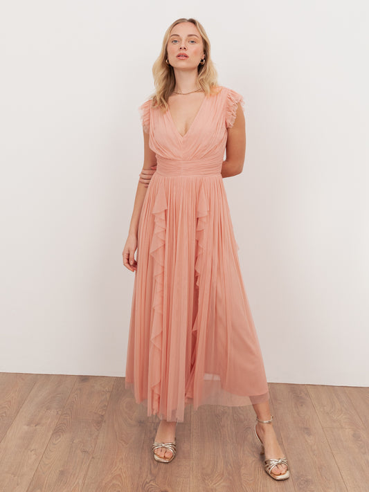 Anaya With Love Recycled Peach V Neck Midaxi Dress with Waterfall Ruffle Detail