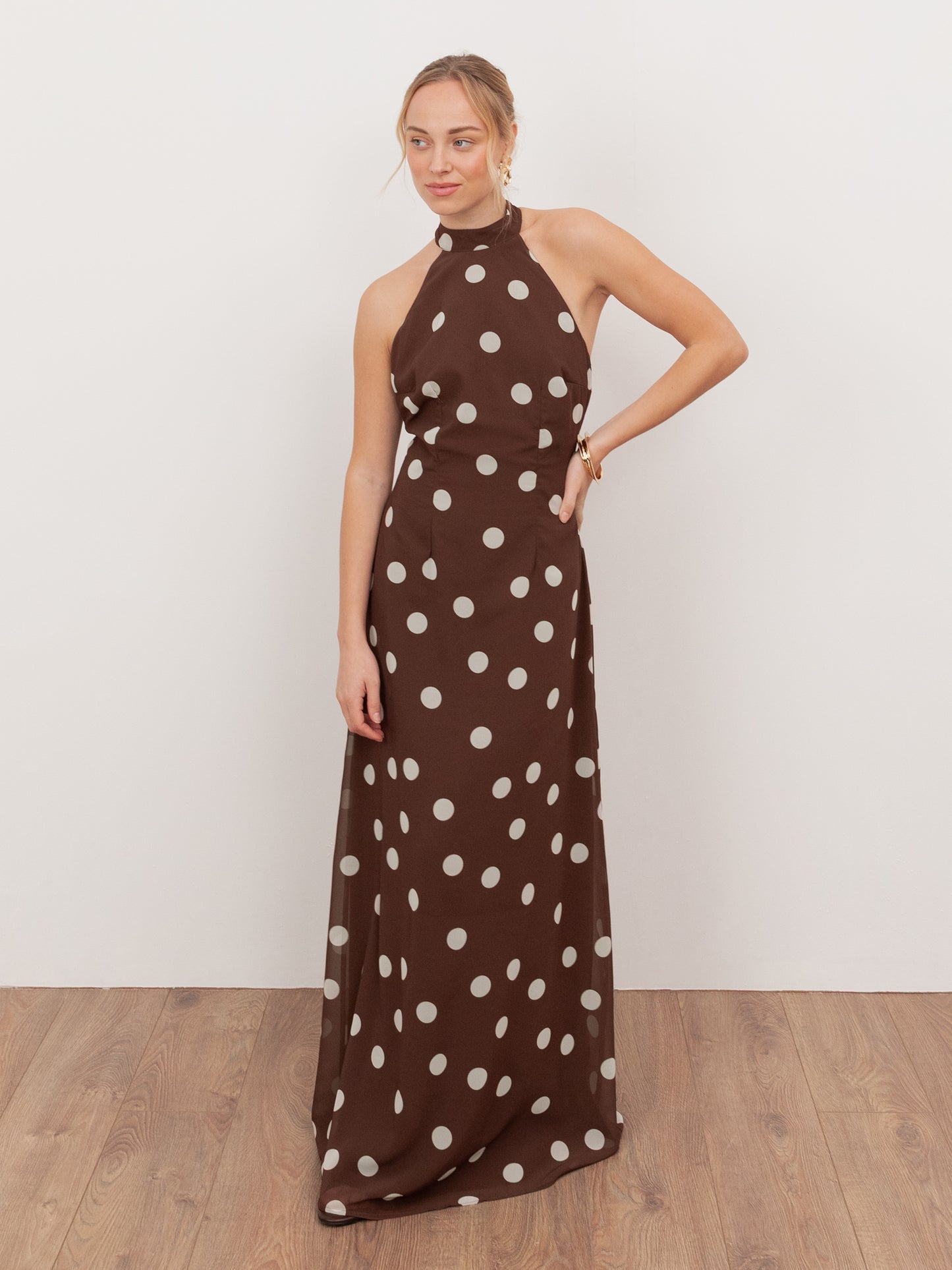 Anaya With Love Recycled Brown Polka Dot Halter Neck & Open Back Maxi Dress