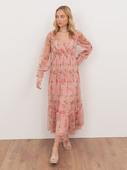 Anaya With Love Recycled Pink Floral Print Faux Wrap Maxi Sleeve Midaxi Dress