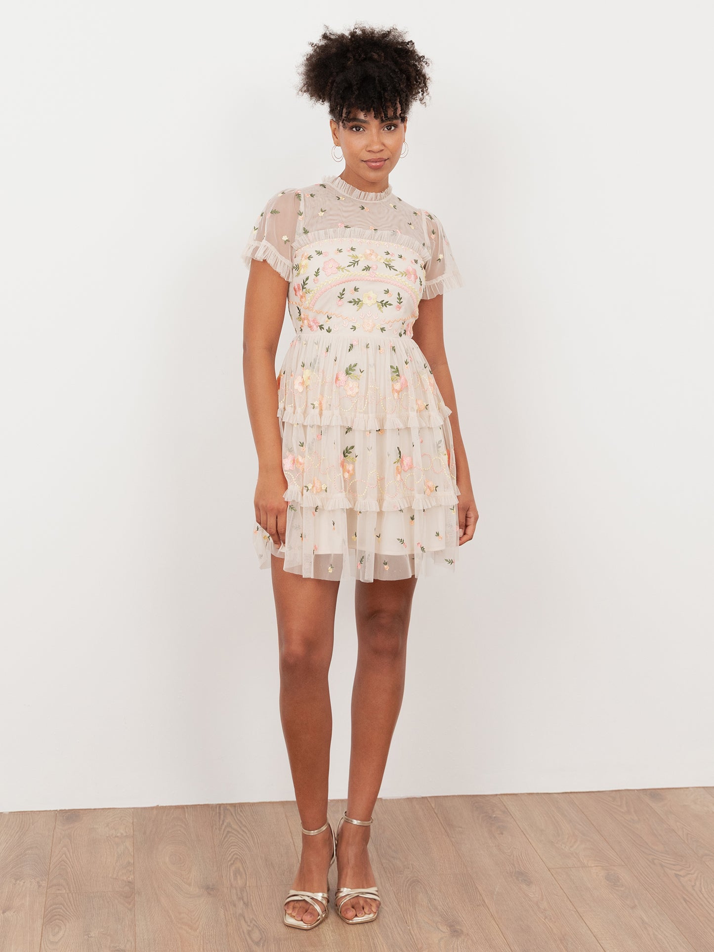 Maya Embroidered Short Sleeve High Neck Mini Dress