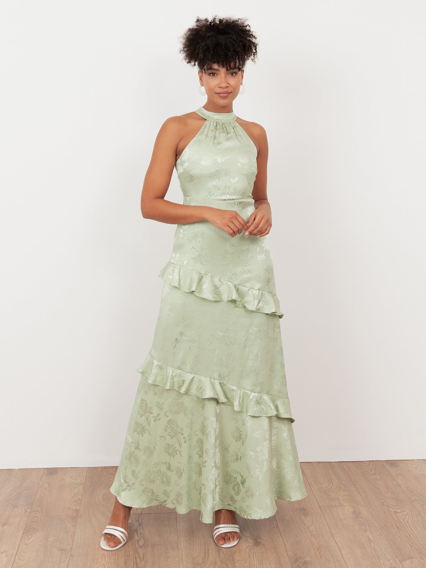 Maya Meadow Green Floral Jacquard Satin Halter Neck Maxi Dress