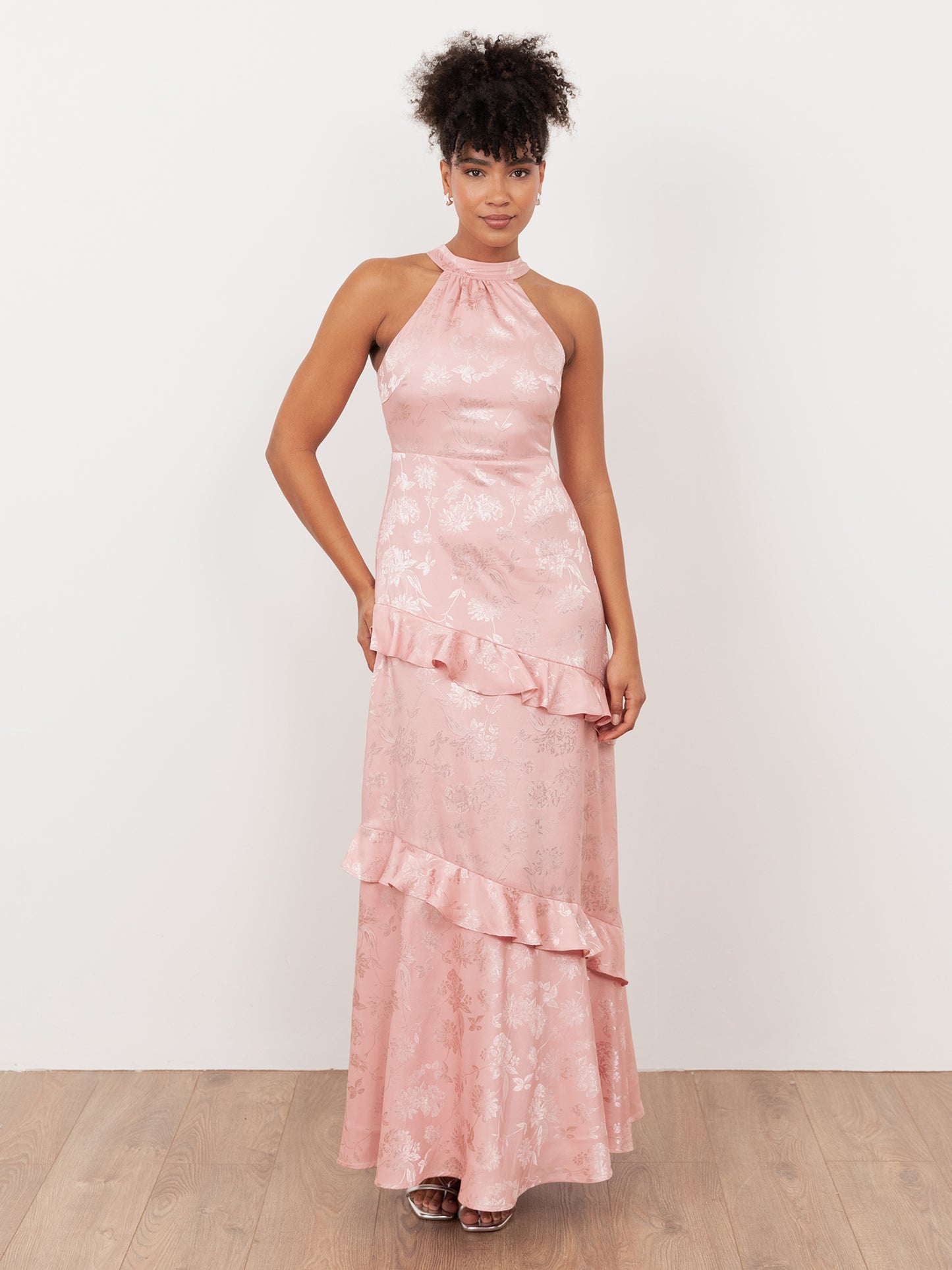 Maya Soft Pink Floral Jacquard Satin Halter Neck Maxi Dress