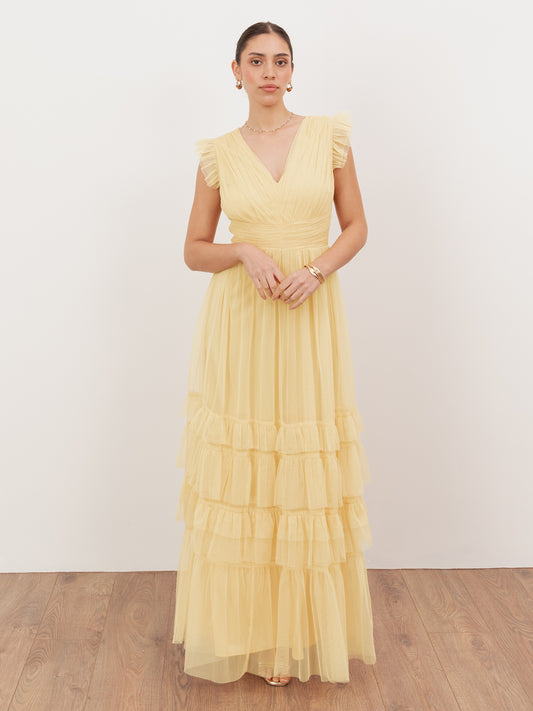 Anaya With Love Recycled Butter Yellow Flutter Sleeve Ruffle Maxi Dress